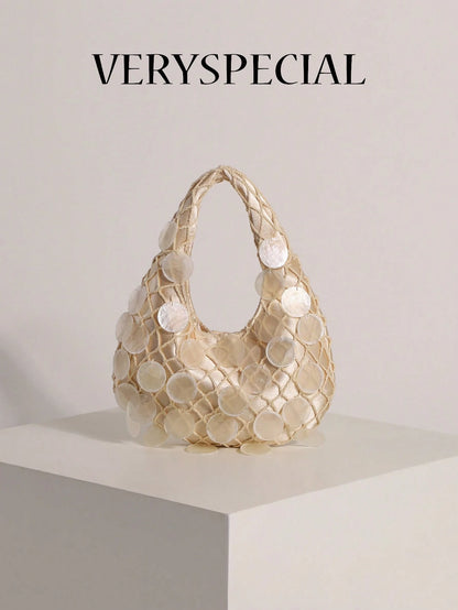 1pc Shell Slice & Sequin Decor Tassel Handbag Bobo Crescent Bag Women's Hand-Carried Bag Handmade Mermaid Sequin Fishnet Woven Bag Handbag Summer Beach Travel Vacation And Pool Evening Party Multi-Sce