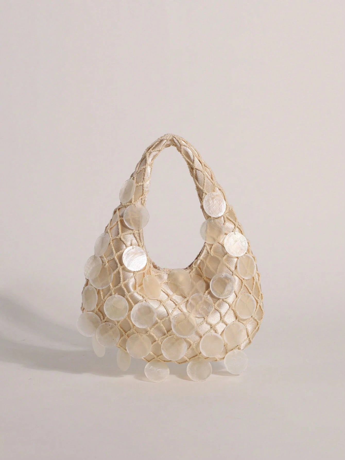 1pc Shell Slice & Sequin Decor Tassel Handbag Bobo Crescent Bag Women's Hand-Carried Bag Handmade Mermaid Sequin Fishnet Woven Bag Handbag Summer Beach Travel Vacation And Pool Evening Party Multi-Sce