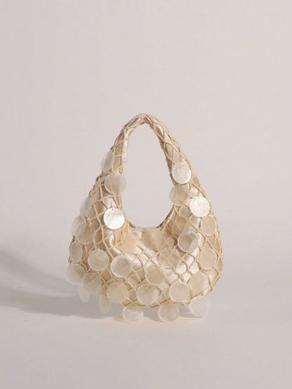 1pc Shell Slice & Sequin Decor Tassel Handbag Bobo Crescent Bag Women's Hand-Carried Bag Handmade Mermaid Sequin Fishnet Woven Bag Handbag Summer Beach Travel Vacation And Pool Evening Party Multi-Sce