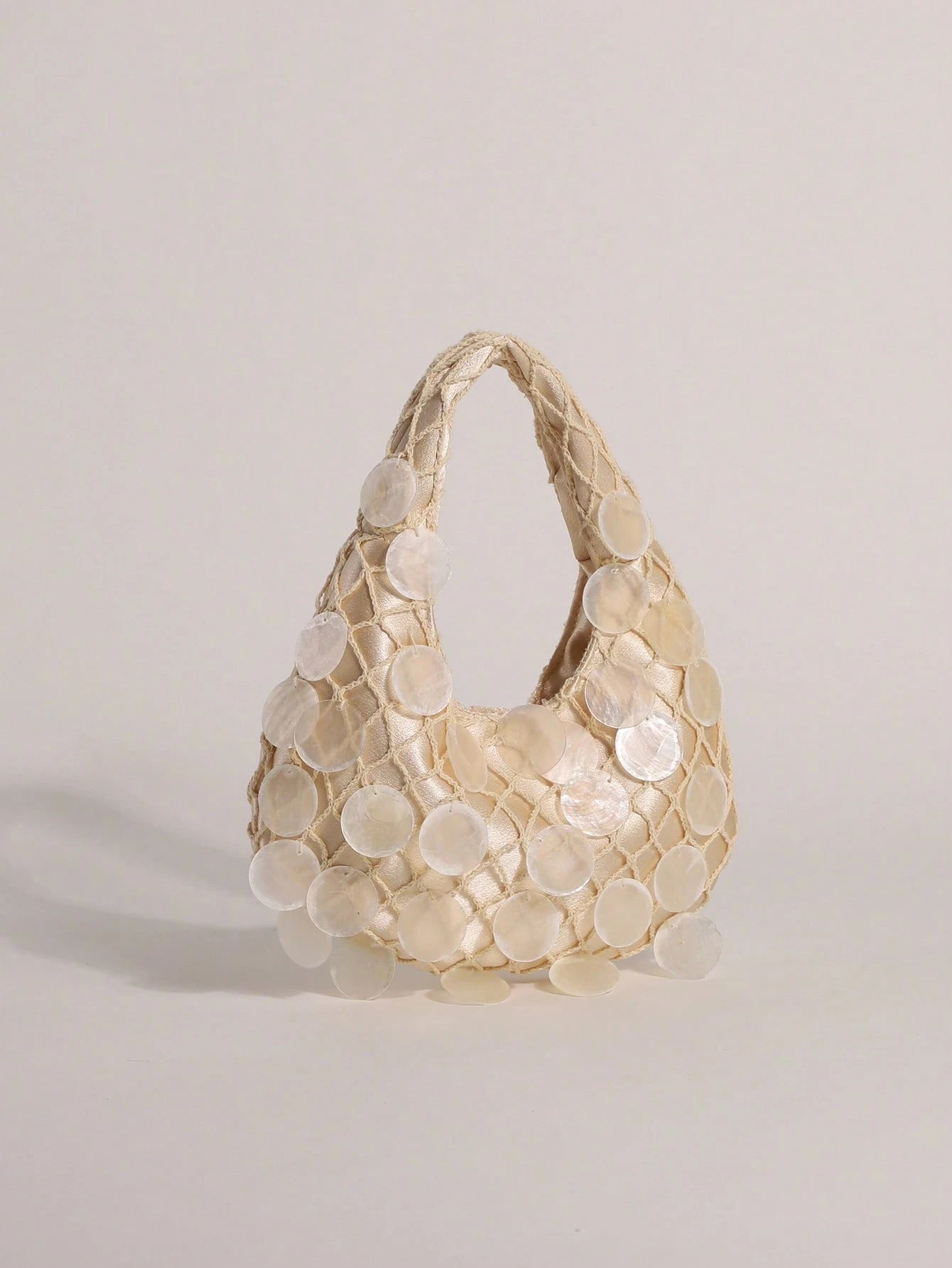 1pc Shell Slice & Sequin Decor Tassel Handbag Bobo Crescent Bag Women's Hand-Carried Bag Handmade Mermaid Sequin Fishnet Woven Bag Handbag Summer Beach Travel Vacation And Pool Evening Party Multi-Sce