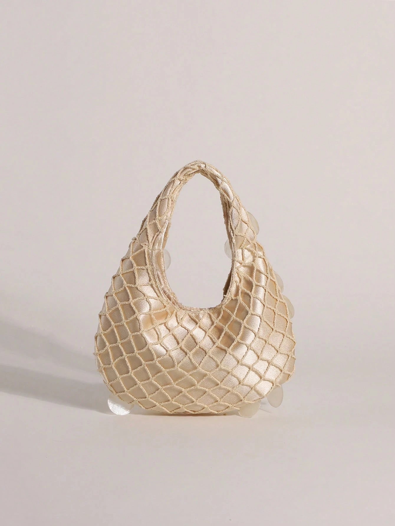 1pc Shell Slice & Sequin Decor Tassel Handbag Bobo Crescent Bag Women's Hand-Carried Bag Handmade Mermaid Sequin Fishnet Woven Bag Handbag Summer Beach Travel Vacation And Pool Evening Party Multi-Sce