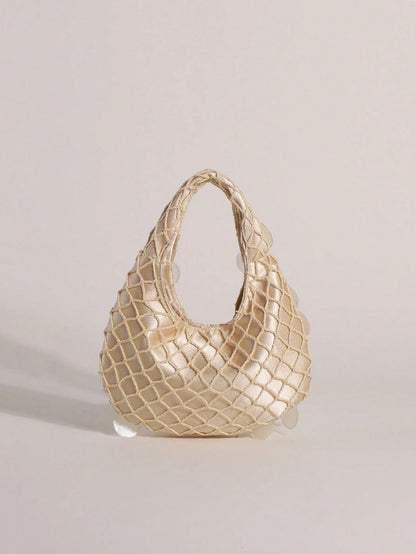 1pc Shell Slice & Sequin Decor Tassel Handbag Bobo Crescent Bag Women's Hand-Carried Bag Handmade Mermaid Sequin Fishnet Woven Bag Handbag Summer Beach Travel Vacation And Pool Evening Party Multi-Sce