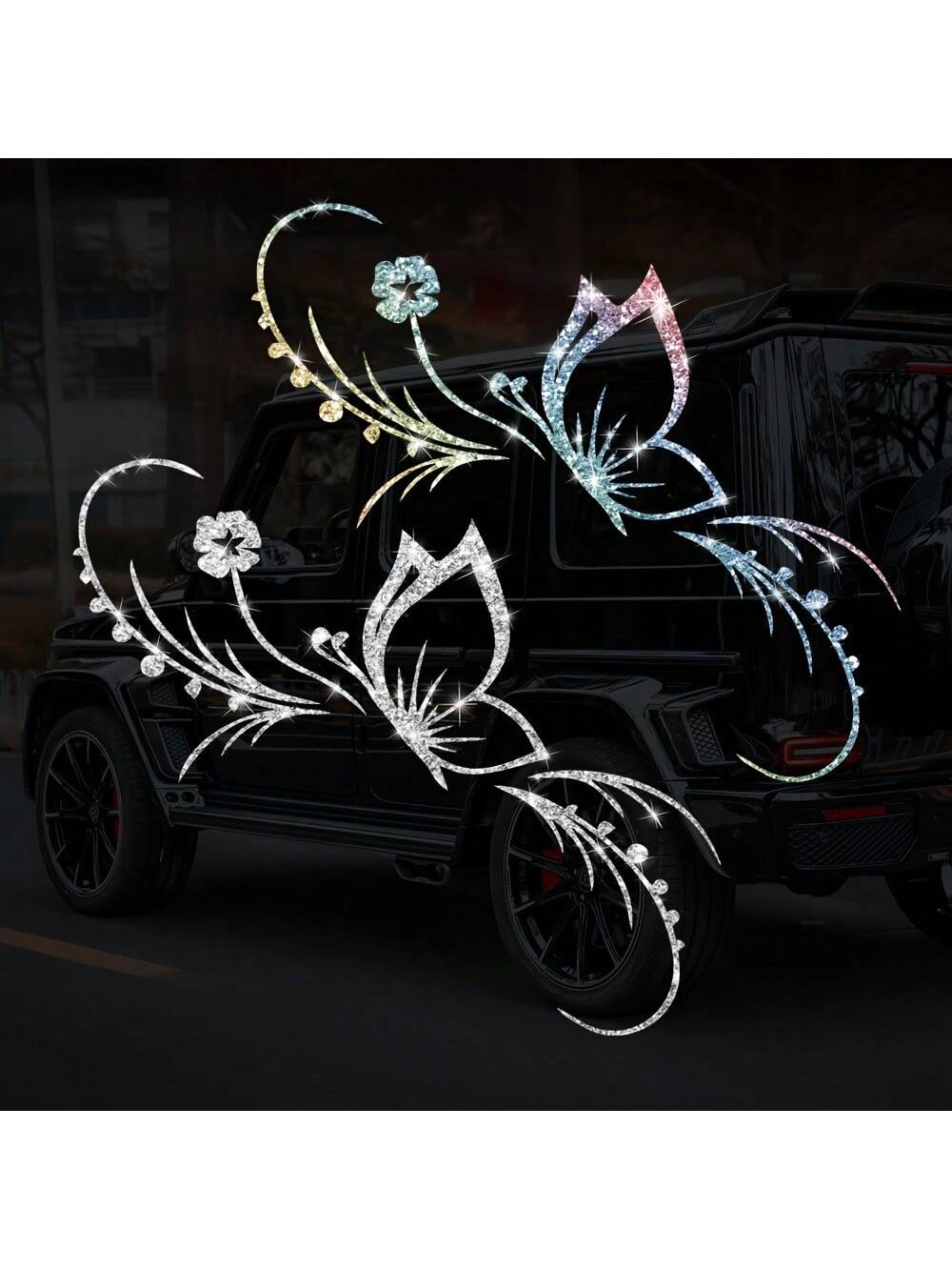 1pc Shiny Butterfly & Floral Reflective Car Sticker- Vinyl Material, Self-Adhesive, Suitable For Car Windows, Motorcycles And Laptops