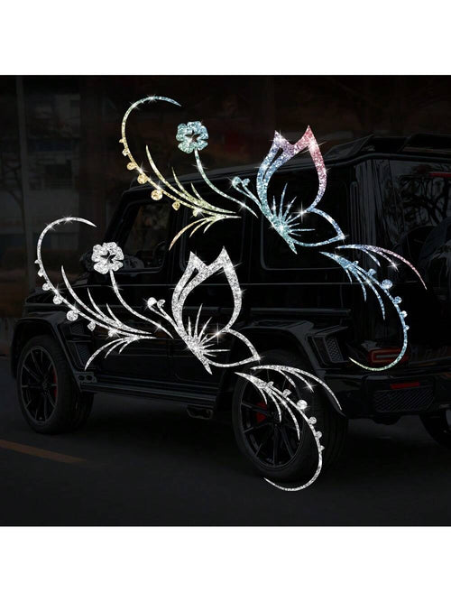 1pc Shiny Butterfly & Floral Reflective Car Sticker- Vinyl Material, Self-Adhesive, Suitable For Car Windows, Motorcycles And Laptops