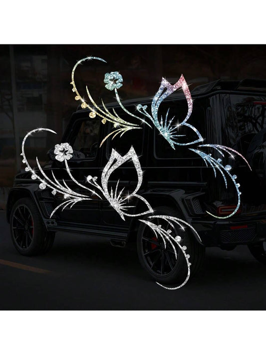 1pc Shiny Butterfly & Floral Reflective Car Sticker- Vinyl Material, Self-Adhesive, Suitable For Car Windows, Motorcycles And Laptops