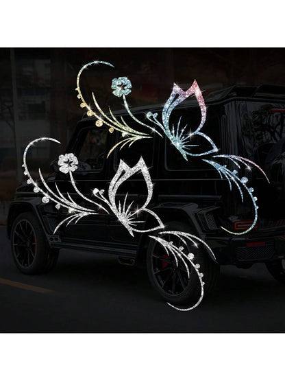 1pc Shiny Butterfly & Floral Reflective Car Sticker- Vinyl Material, Self-Adhesive, Suitable For Car Windows, Motorcycles And Laptops