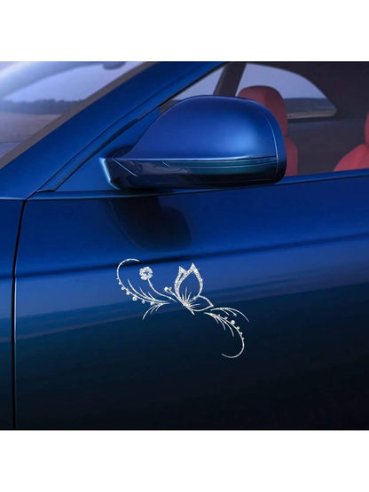 1pc Shiny Butterfly & Floral Reflective Car Sticker- Vinyl Material, Self-Adhesive, Suitable For Car Windows, Motorcycles And Laptops