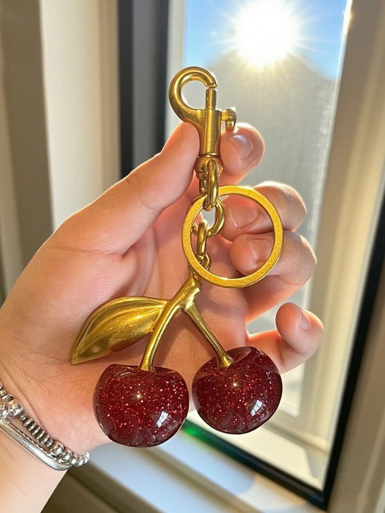 1pc Shiny Cherry Shaped Pendant Keychain, Buckle Decor Bag Accessory For Women Handbags, Jewelry Gift