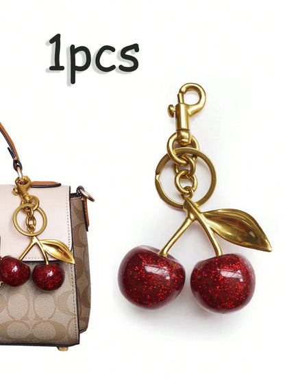 1pc Shiny Cherry Shaped Pendant Keychain, Buckle Decor Bag Accessory For Women Handbags, Jewelry Gift