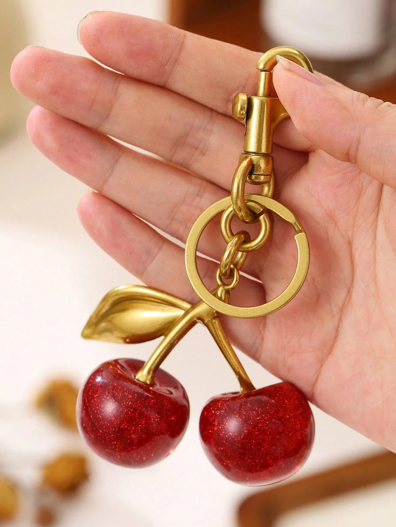 1pc Shiny Cherry Shaped Pendant Keychain, Buckle Decor Bag Accessory For Women Handbags, Jewelry Gift
