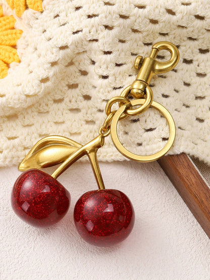 1pc Shiny Cherry Shaped Pendant Keychain, Buckle Decor Bag Accessory For Women Handbags, Jewelry Gift
