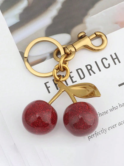 1pc Shiny Cherry Shaped Pendant Keychain, Buckle Decor Bag Accessory For Women Handbags, Jewelry Gift