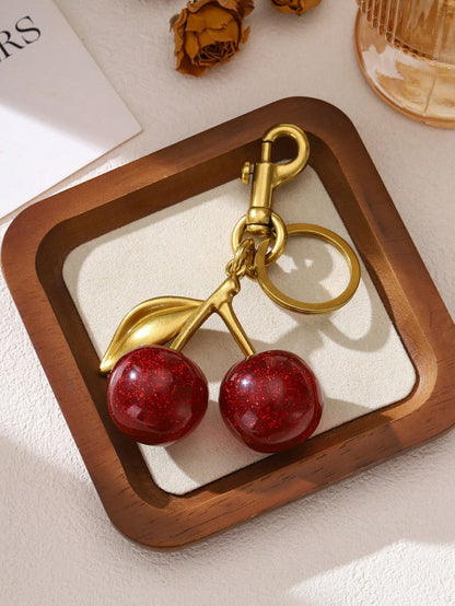 1pc Shiny Cherry Shaped Pendant Keychain, Buckle Decor Bag Accessory For Women Handbags, Jewelry Gift