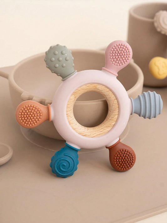 1PC Silicone Baby Teethers Rudder Shape Wooden Teether Ring Touch Training Newborn Chew Toy Children's Dental Care Teething Toys