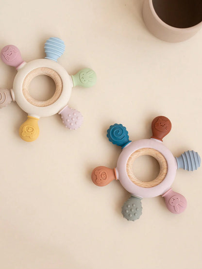 1PC Silicone Baby Teethers Rudder Shape Wooden Teether Ring Touch Training Newborn Chew Toy Children's Dental Care Teething Toys