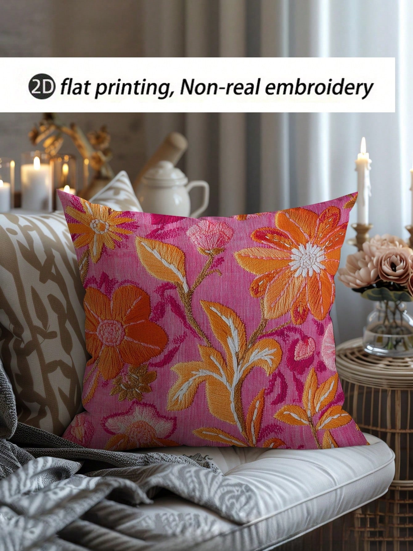 1pc Single-Sided Printing 45x45 Cm Super Soft Short Plush Throw Pillow Cover- Retro Floral Print In Pink & Orange, Zipper Closure, Hand Wash Only For Home & Thanksgiving Decor (No Insert), Decorative