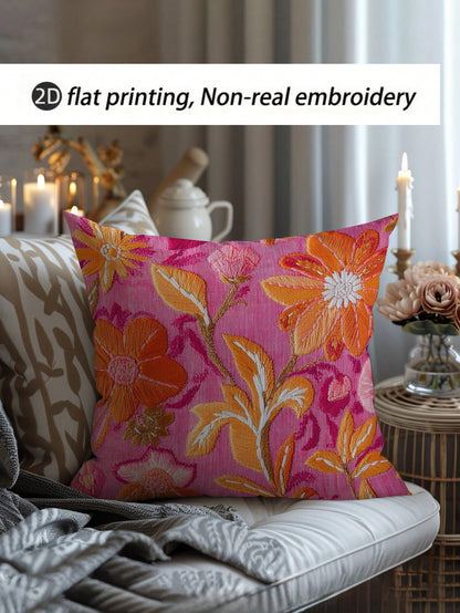 1pc Single-Sided Printing 45x45 Cm Super Soft Short Plush Throw Pillow Cover- Retro Floral Print In Pink & Orange, Zipper Closure, Hand Wash Only For Home & Thanksgiving Decor (No Insert), Decorative