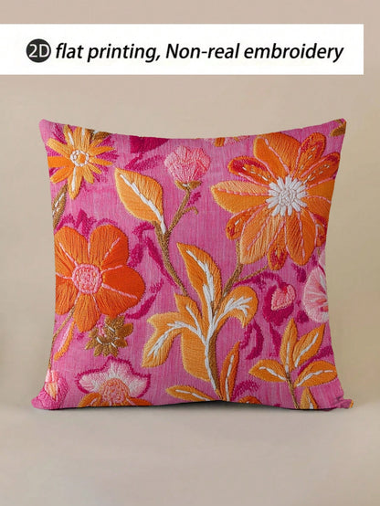 1pc Single-Sided Printing 45x45 Cm Super Soft Short Plush Throw Pillow Cover- Retro Floral Print In Pink & Orange, Zipper Closure, Hand Wash Only For Home & Thanksgiving Decor (No Insert), Decorative