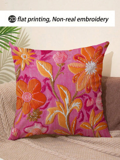 1pc Single-Sided Printing 45x45 Cm Super Soft Short Plush Throw Pillow Cover- Retro Floral Print In Pink & Orange, Zipper Closure, Hand Wash Only For Home & Thanksgiving Decor (No Insert), Decorative