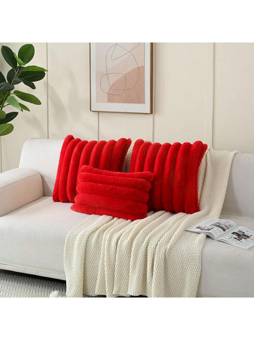 1pc Solid Color Cushion Cover (Pillow Insert Not Included), Soft Faux Fur Large Striped Decorative Pillow Sham, Suitable For Living Room Sofa