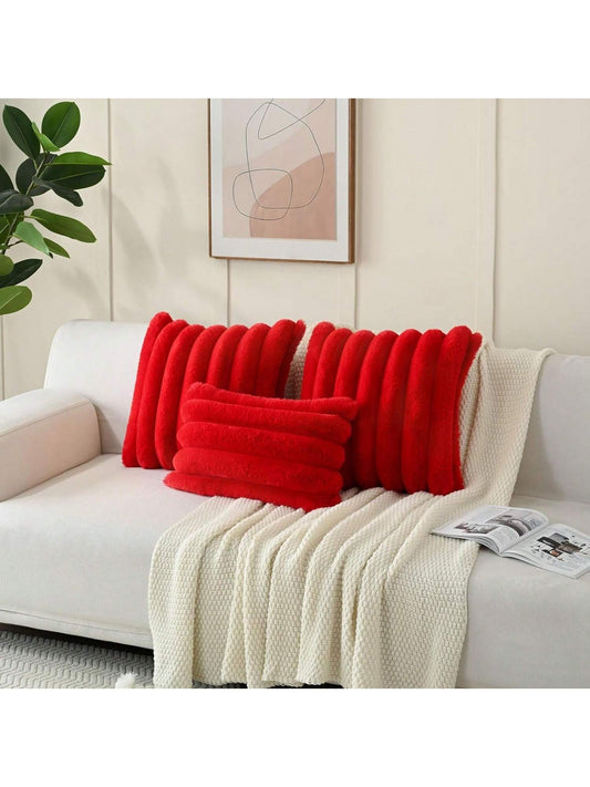 1pc Solid Color Cushion Cover (Pillow Insert Not Included), Soft Faux Fur Large Striped Decorative Pillow Sham, Suitable For Living Room Sofa