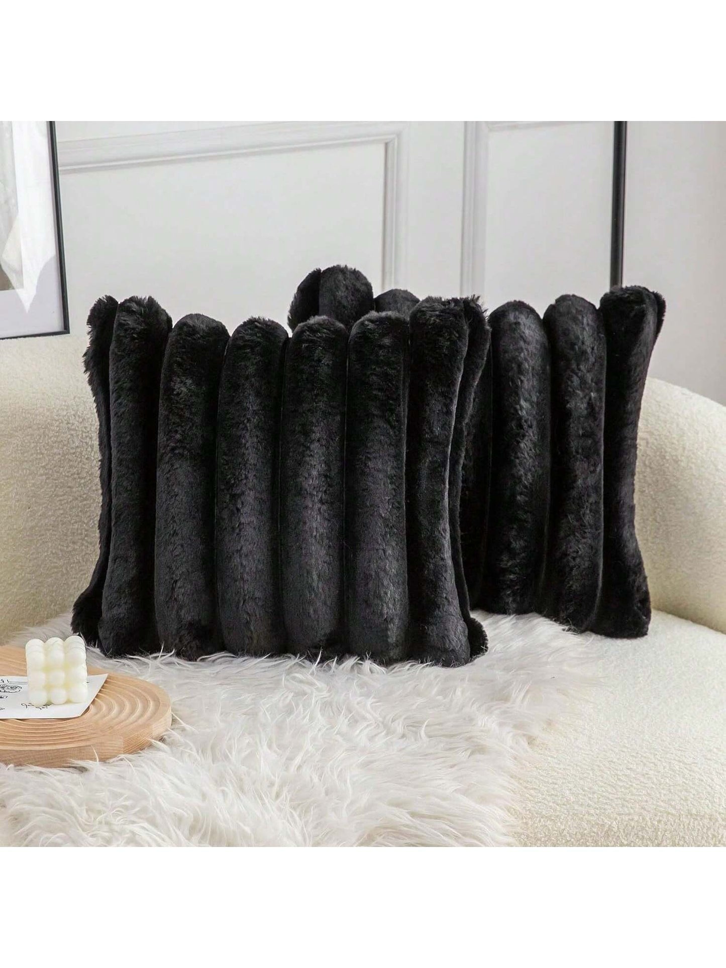 1pc Solid Color Cushion Cover (Pillow Insert Not Included), Soft Faux Fur Large Striped Decorative Pillow Sham, Suitable For Living Room Sofa