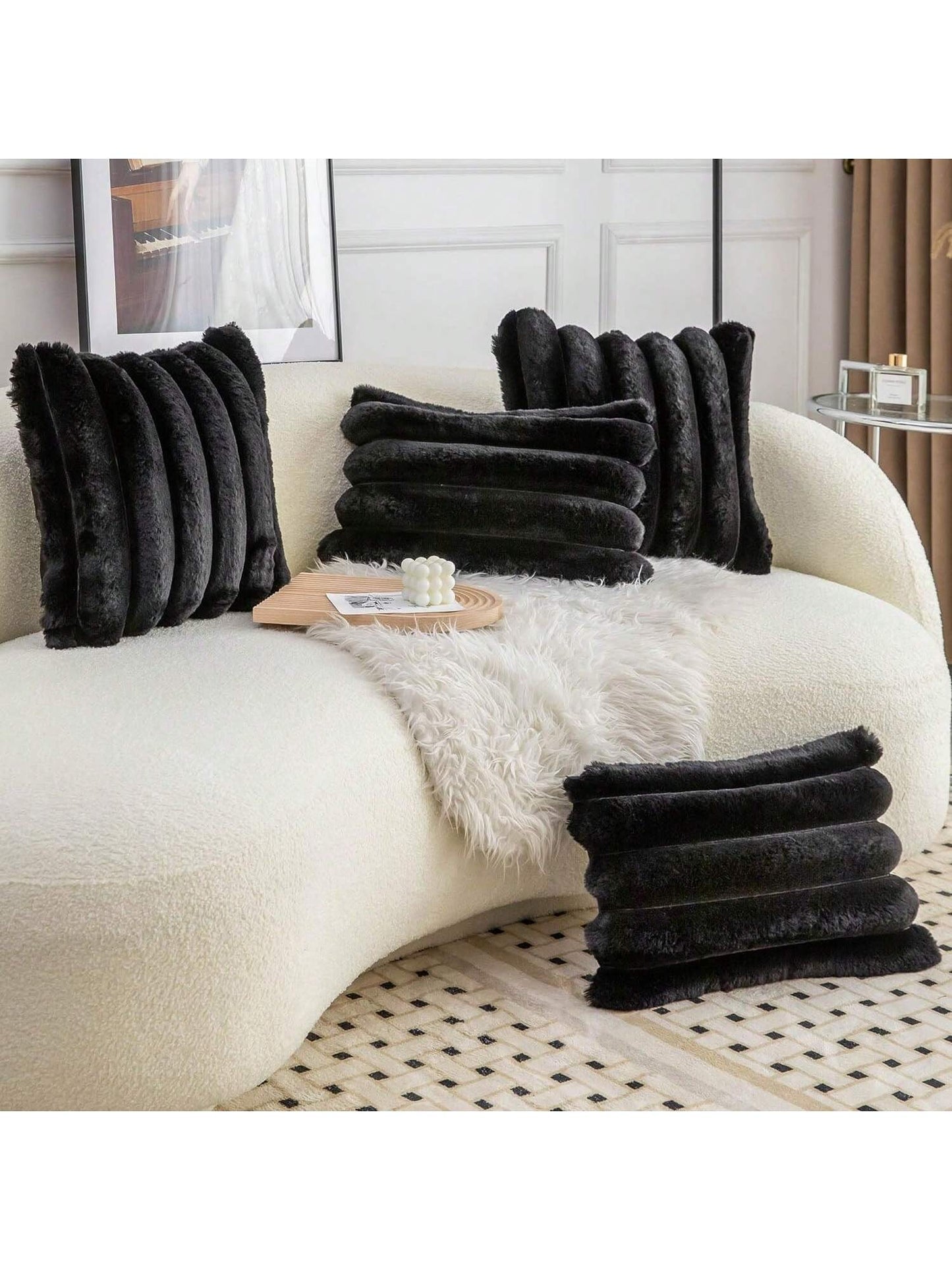1pc Solid Color Cushion Cover (Pillow Insert Not Included), Soft Faux Fur Large Striped Decorative Pillow Sham, Suitable For Living Room Sofa