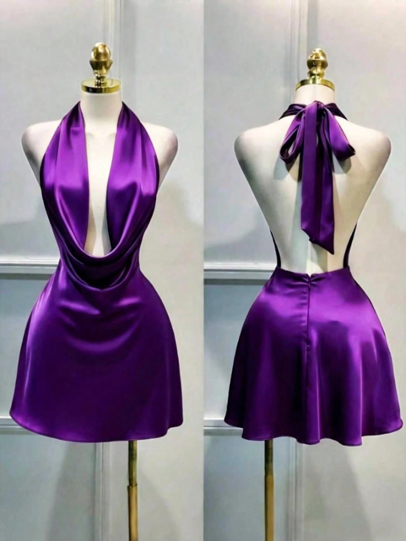 1pc Solid Color Sexy Satin Draped Backless Dress, Beach Dress, Elegant Mini Dress For Women, Graceful Casual Dress, Flowing Dress, Short Dress Summer