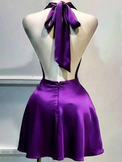 1pc Solid Color Sexy Satin Draped Backless Dress, Beach Dress, Elegant Mini Dress For Women, Graceful Casual Dress, Flowing Dress, Short Dress Summer