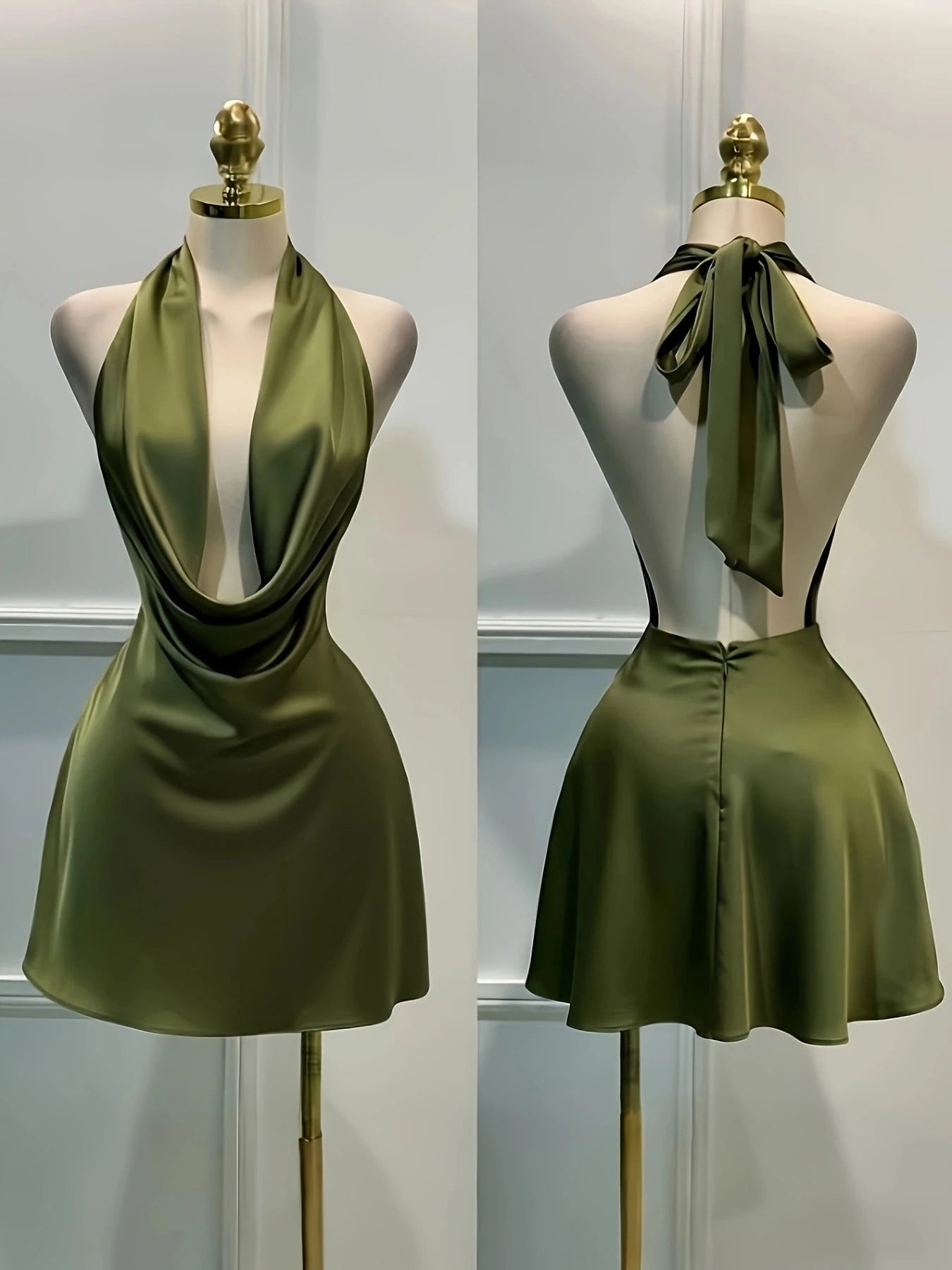 1pc Solid Color Sexy Satin Draped Backless Dress, Beach Dress, Elegant Mini Dress For Women, Graceful Casual Dress, Flowing Dress, Short Dress Summer