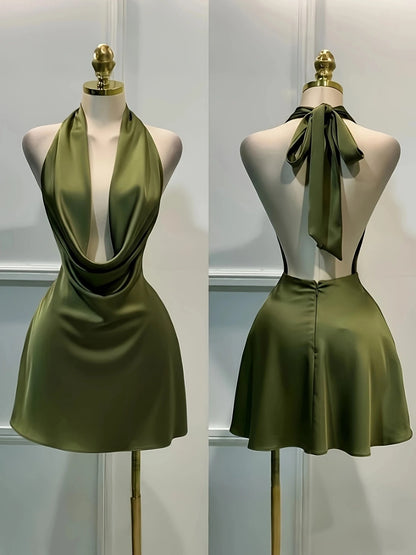 1pc Solid Color Sexy Satin Draped Backless Dress, Beach Dress, Elegant Mini Dress For Women, Graceful Casual Dress, Flowing Dress, Short Dress Summer