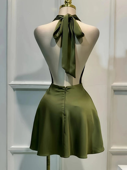 1pc Solid Color Sexy Satin Draped Backless Dress, Beach Dress, Elegant Mini Dress For Women, Graceful Casual Dress, Flowing Dress, Short Dress Summer
