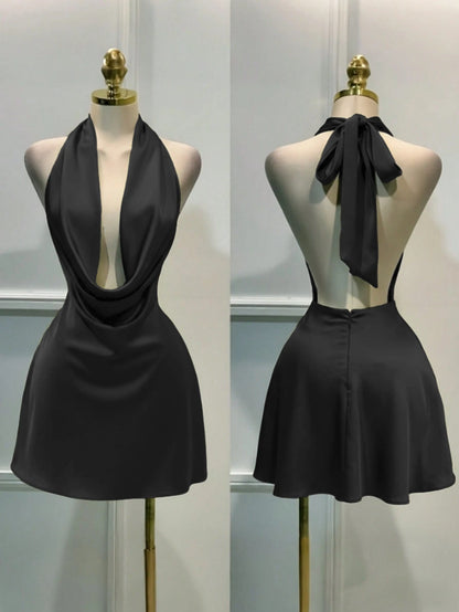 1pc Solid Color Sexy Satin Draped Backless Dress, Beach Dress, Elegant Mini Dress For Women, Graceful Casual Dress, Flowing Dress, Short Dress Summer