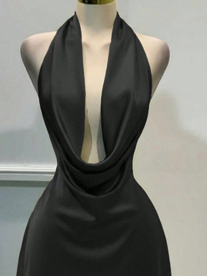 1pc Solid Color Sexy Satin Draped Backless Dress, Beach Dress, Elegant Mini Dress For Women, Graceful Casual Dress, Flowing Dress, Short Dress Summer