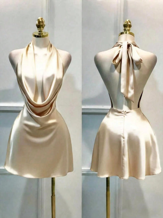 1pc Solid Color Sexy Satin Draped Backless Dress, Beach/Spring/Summer/Autumn Mini Dress, Elegant Women's Dress, Graceful Ladies Casual Dress, Graceful Women's Summer Dress, Flowing Dress, Mini Dress