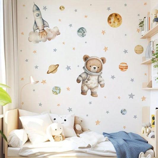 1pc Space Bear Astronaut Wall Sticker, Planet Rocket Star Decal, Self-Adhesive Wall Decor For Baby Nursery And Kids Room