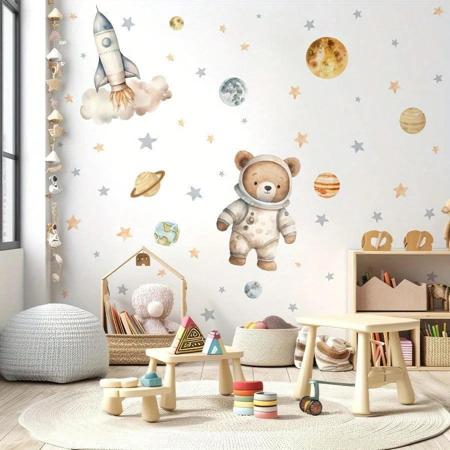 1pc Space Bear Astronaut Wall Sticker, Planet Rocket Star Decal, Self-Adhesive Wall Decor For Baby Nursery And Kids Room