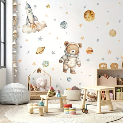 1pc Space Bear Astronaut Wall Sticker, Planet Rocket Star Decal, Self-Adhesive Wall Decor For Baby Nursery And Kids Room