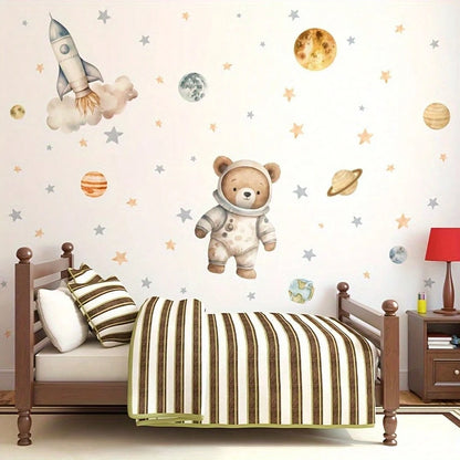 1pc Space Bear Astronaut Wall Sticker, Planet Rocket Star Decal, Self-Adhesive Wall Decor For Baby Nursery And Kids Room