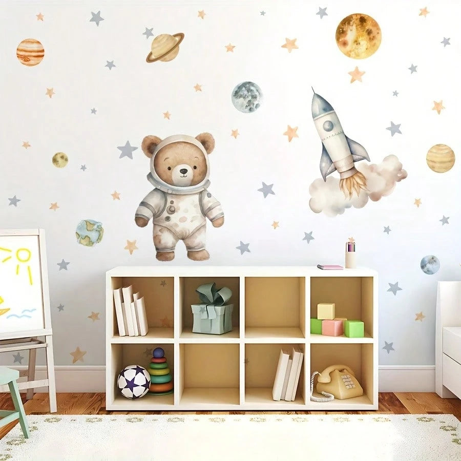 1pc Space Bear Astronaut Wall Sticker, Planet Rocket Star Decal, Self-Adhesive Wall Decor For Baby Nursery And Kids Room