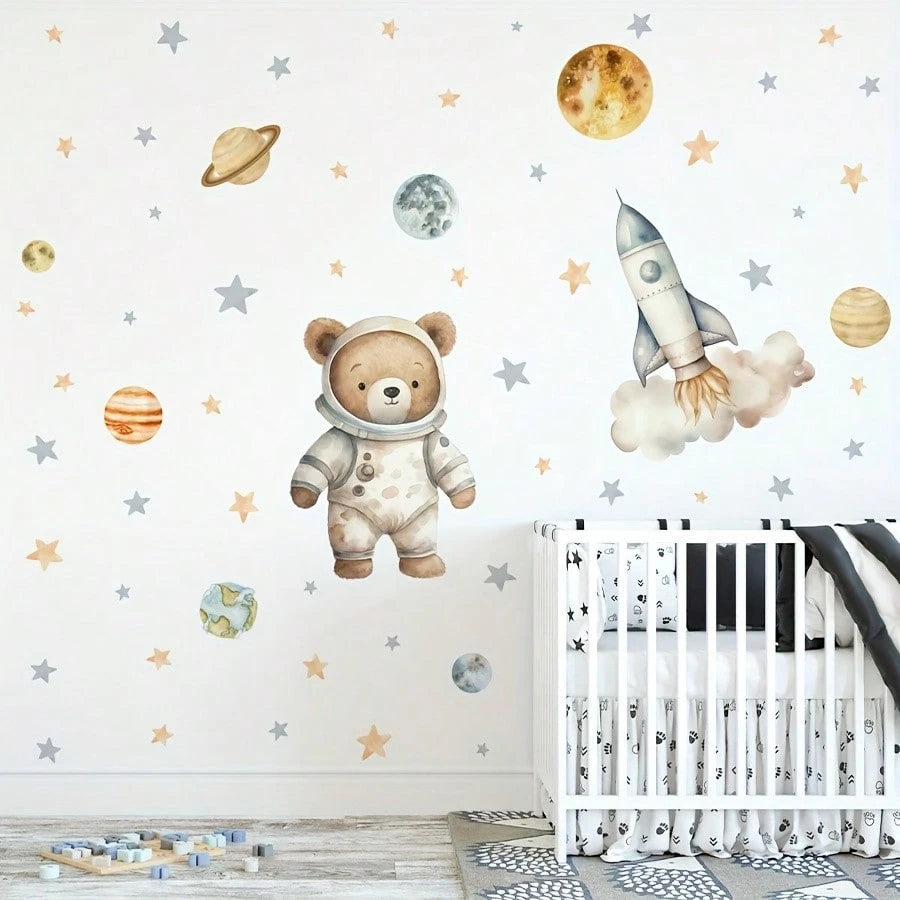 1pc Space Bear Astronaut Wall Sticker, Planet Rocket Star Decal, Self-Adhesive Wall Decor For Baby Nursery And Kids Room