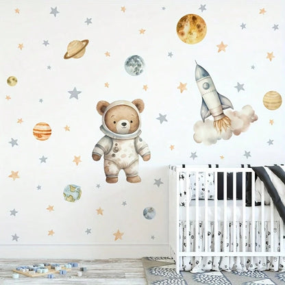 1pc Space Bear Astronaut Wall Sticker, Planet Rocket Star Decal, Self-Adhesive Wall Decor For Baby Nursery And Kids Room