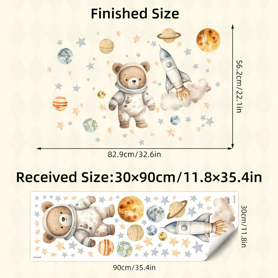 1pc Space Bear Astronaut Wall Sticker, Planet Rocket Star Decal, Self-Adhesive Wall Decor For Baby Nursery And Kids Room