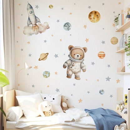 1pc Space Bear Astronaut Wall Sticker, Planet Rocket Star Decal, Self-Adhesive Wall Decor For Baby Nursery And Kids Room