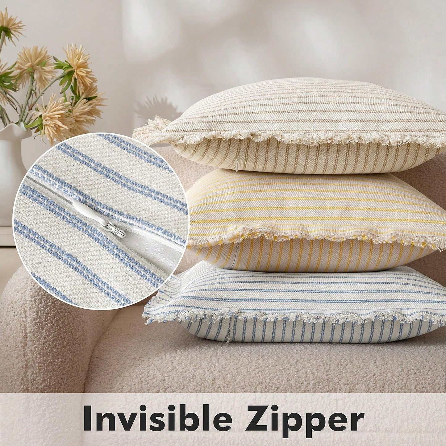 1pc Striped Tassel Throw Pillow Cover, Home Style Cushion Cover With Tassel Decor, Neutral Bohemian Style Decorative Square Pillowcase For Sofa, Sofa Bed, Bed, Etc.