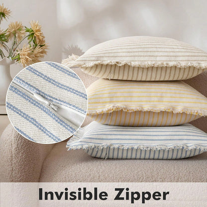 1pc Striped Tassel Throw Pillow Cover, Home Style Cushion Cover With Tassel Decor, Neutral Bohemian Style Decorative Square Pillowcase For Sofa, Sofa Bed, Bed, Etc.