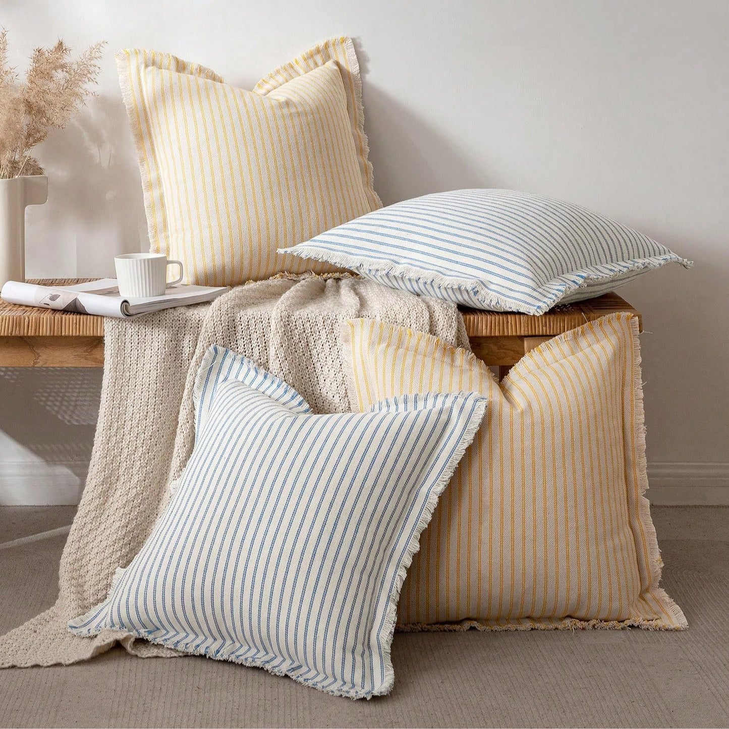1pc Striped Tassel Throw Pillow Cover, Home Style Cushion Cover With Tassel Decor, Neutral Bohemian Style Decorative Square Pillowcase For Sofa, Sofa Bed, Bed, Etc.