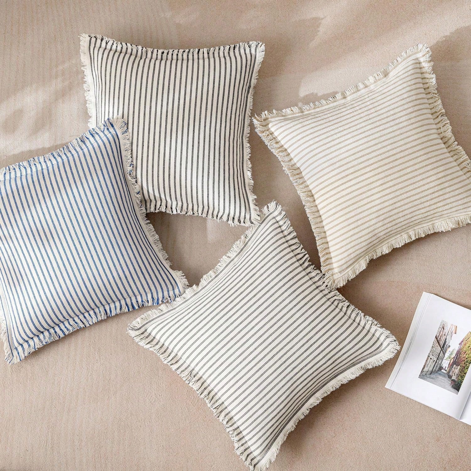 1pc Striped Tassel Throw Pillow Cover, Home Style Cushion Cover With Tassel Decor, Neutral Bohemian Style Decorative Square Pillowcase For Sofa, Sofa Bed, Bed, Etc.