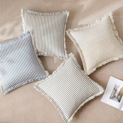 1pc Striped Tassel Throw Pillow Cover, Home Style Cushion Cover With Tassel Decor, Neutral Bohemian Style Decorative Square Pillowcase For Sofa, Sofa Bed, Bed, Etc.