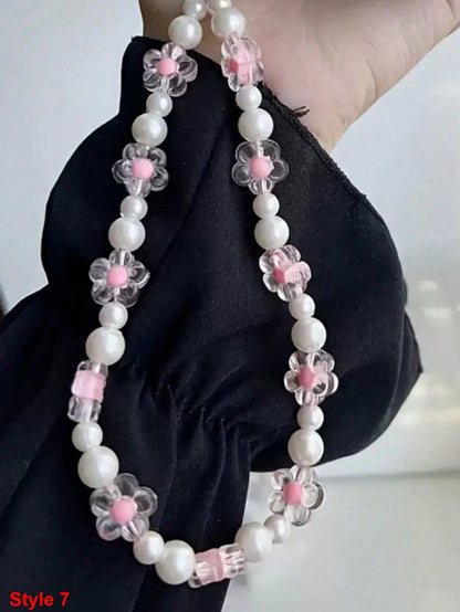 1pc Summer Shiny Crystal Pearl Bow Bracelet, Cute Bowknot Phone Strap, Camera Lanyard, Keychain, Elegant Ceramic Pearl Bracelet, Girly Phone Lanyard, Keychain, Earphone Cord, Tulip Pearl Colorful Bead